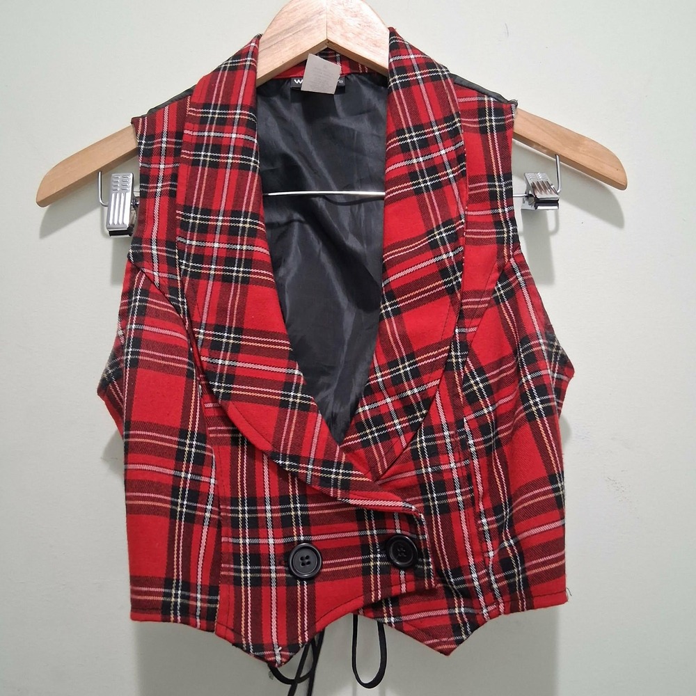 Wet Seal Red Tartan Plaid Corset Back Cropped Vest Size M 3056-PLD Made in USA